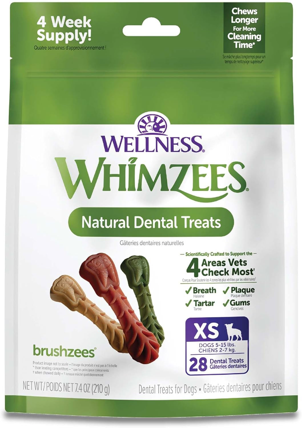 Wellness Daily Brushzees Dog Dental Treats, Natural Chews, Extra Small Size Stick, (28 Count)