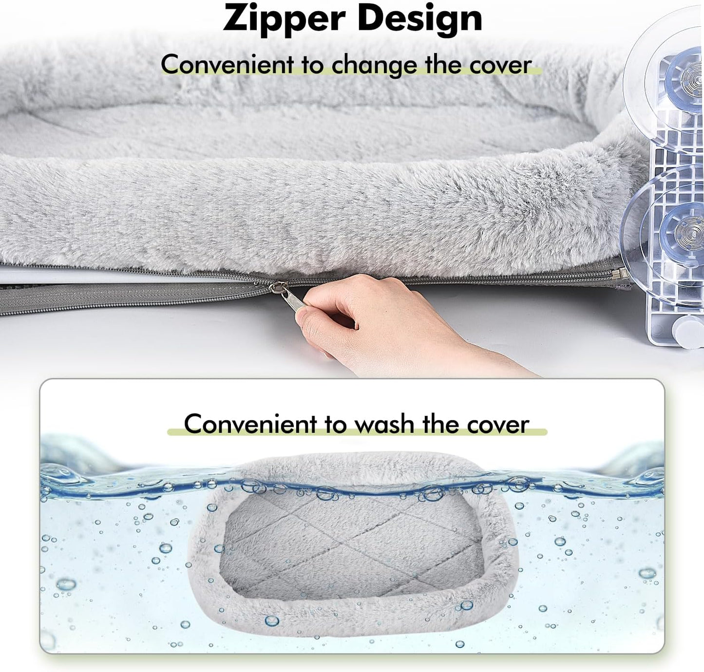 Cordless Cat Window Perch, Cat Hammock for Wall with 4 Strong Suction Cups, Solid Metal Frame and Two Replaceable Covers, Foldable Cat Beds for Indoor Cats (Large-Cushion Bed-Gray)