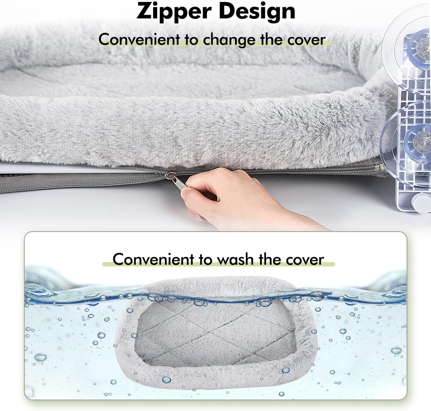 Cordless Cat Window Perch, Cat Hammock for Wall with 4 Strong Suction Cups, Solid Metal Frame and Two Replaceable Covers, Foldable Cat Beds for Indoor Cats (Large-Cushion Bed-Gray)