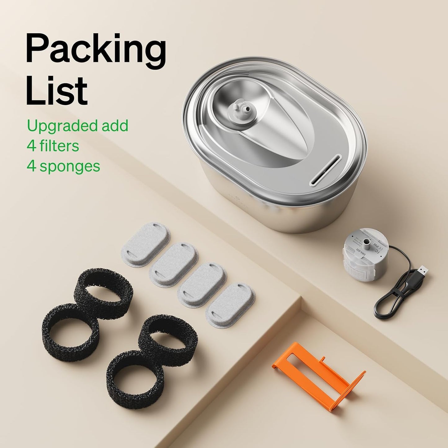 Stainless Steel Cat Water Fountain, 101Oz/3L Pet Water Fountain for Cats Inside, Food-Grade Dog Water Fountain, Automatic Water Dispenser with 4 Filters & 4 Sponges