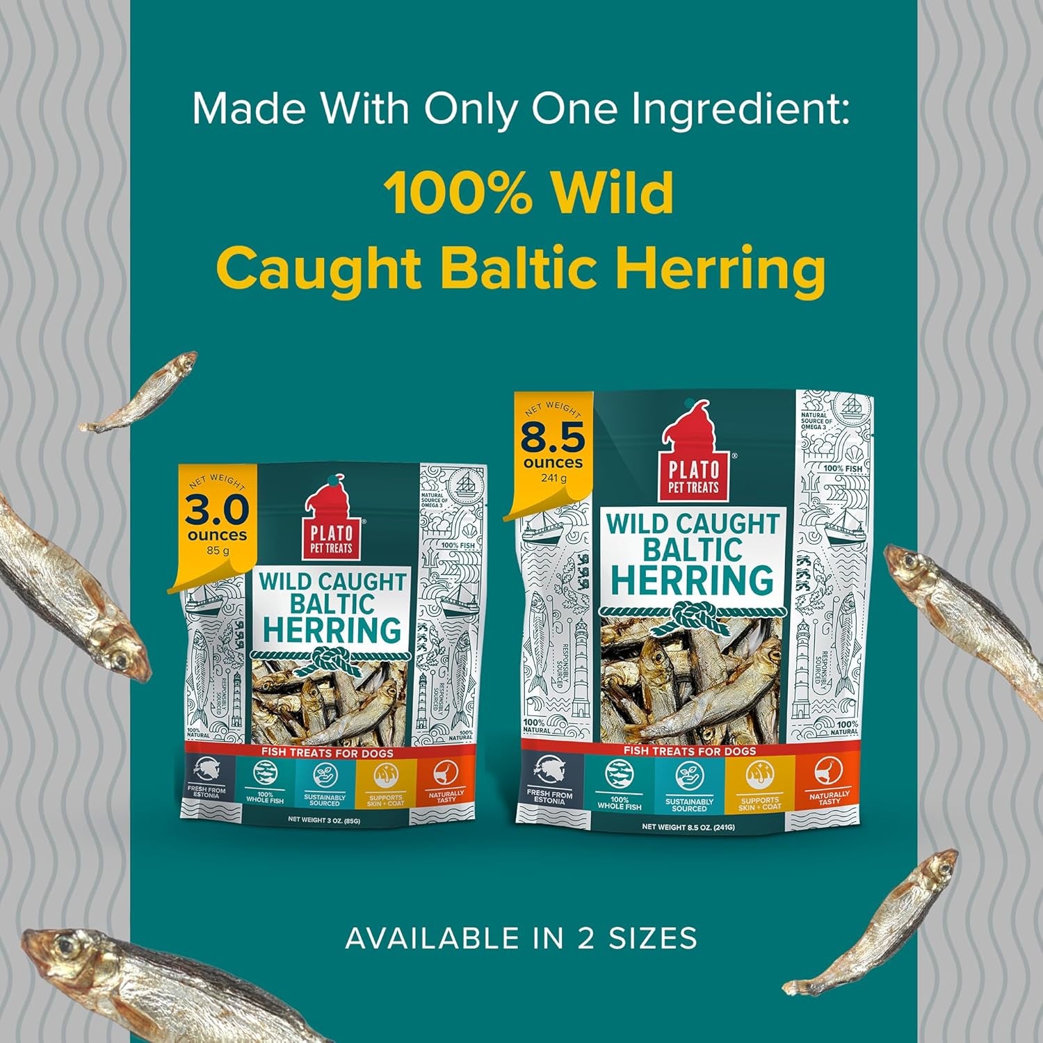 Pet Treats Fish Dog Treats - Air-Dried, Single Ingredient Dog Treat - with Omega 3 & 6 Fatty Acids to Support Skin and Coat - 100% Whole Fish - Wild Caught Baltic Herring Dog Treats - 8.5 Oz