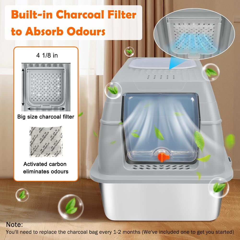 XL Stainless Steel Litter Box, Top Exit Design, Non Stick, No Smell, Easy Cleaning, Activated Charcoal Odor Control Design, Half/Fully Enclosed Design, Footboard, Trapping Mat & Scoop Included
