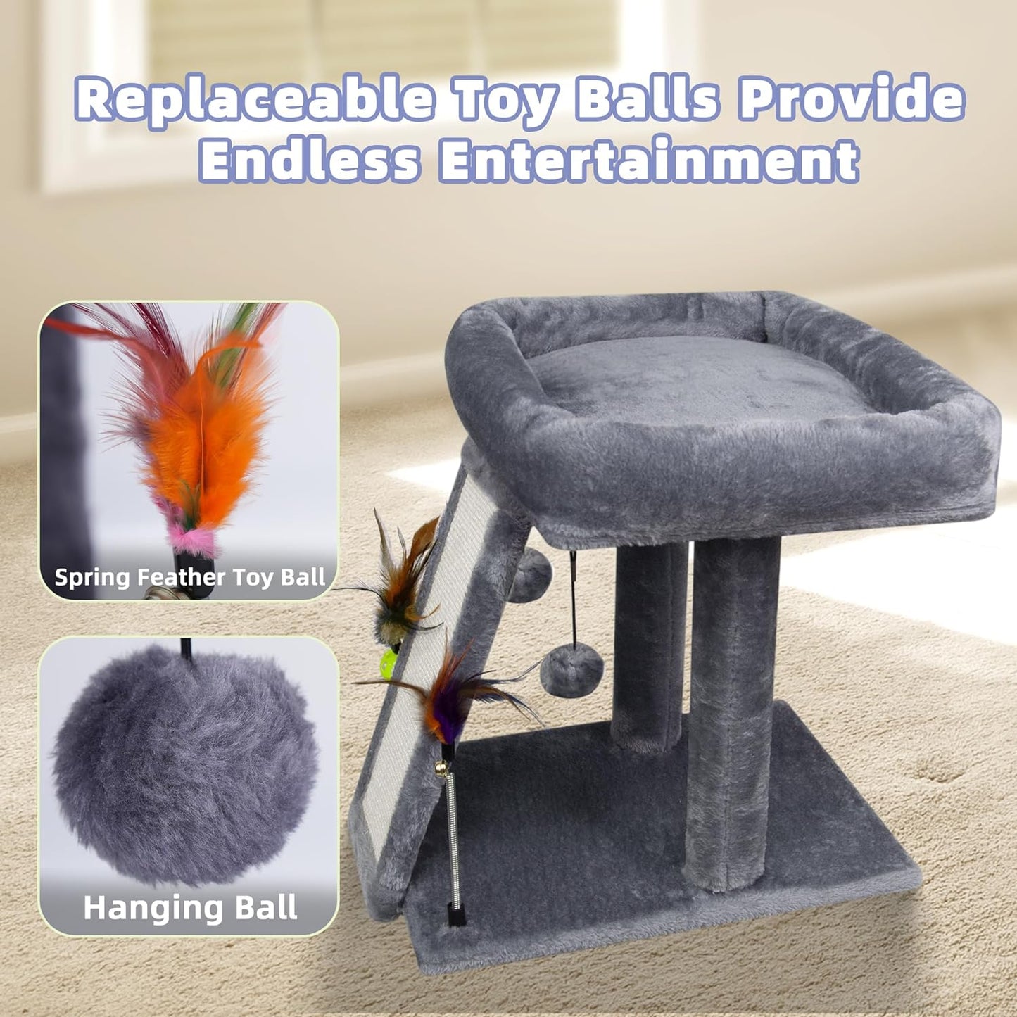 Cat Tree Tower with Cat Scratching Post for Indoor Cats, Activity Centre Climbing Tree with Scratching Board and Playful Toy Balls, Grey