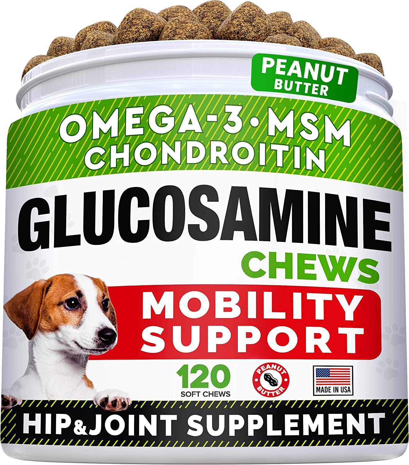 Glucosamine Treats for Dogs - Joint Supplement W/Omega-3 Fish Oil - Chondroitin, MSM - Advanced Mobility Chews - Joint Pain Relief - Hip & Joint Care - Peanut Butter Flavor - 120 Ct