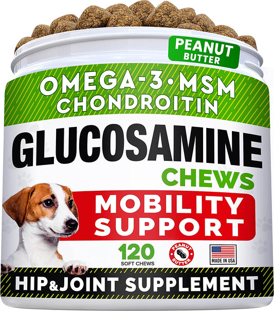 Glucosamine Treats for Dogs - Joint Supplement W/Omega-3 Fish Oil - Chondroitin, MSM - Advanced Mobility Chews - Joint Pain Relief - Hip & Joint Care - Peanut Butter Flavor - 120 Ct