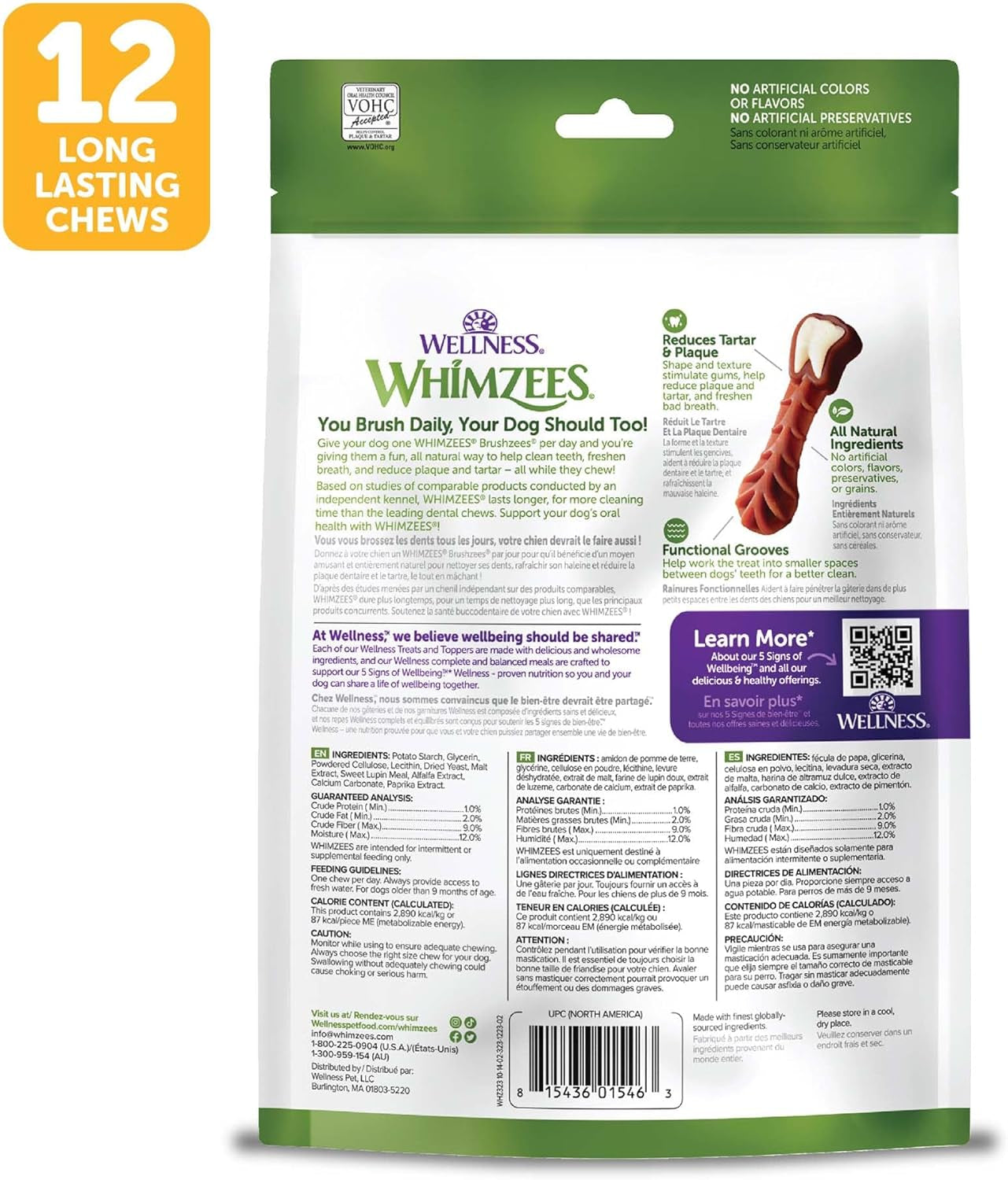 Wellness  Brushzees Dog Dental Treats, Natural Chews, Medium Size Stick, (12 Count)