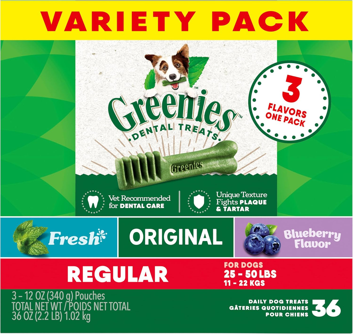 Regular Dental Dog Treats, 3-Flavor Variety Pack, (3) 12 Oz. Pouches, 36 Total Treats