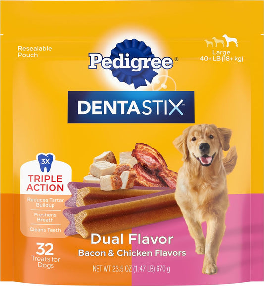Dentastix Dual Flavor Large Breed Dog Treats, Bacon & Chicken, 1.47 Lb. Bag (32 Treats)