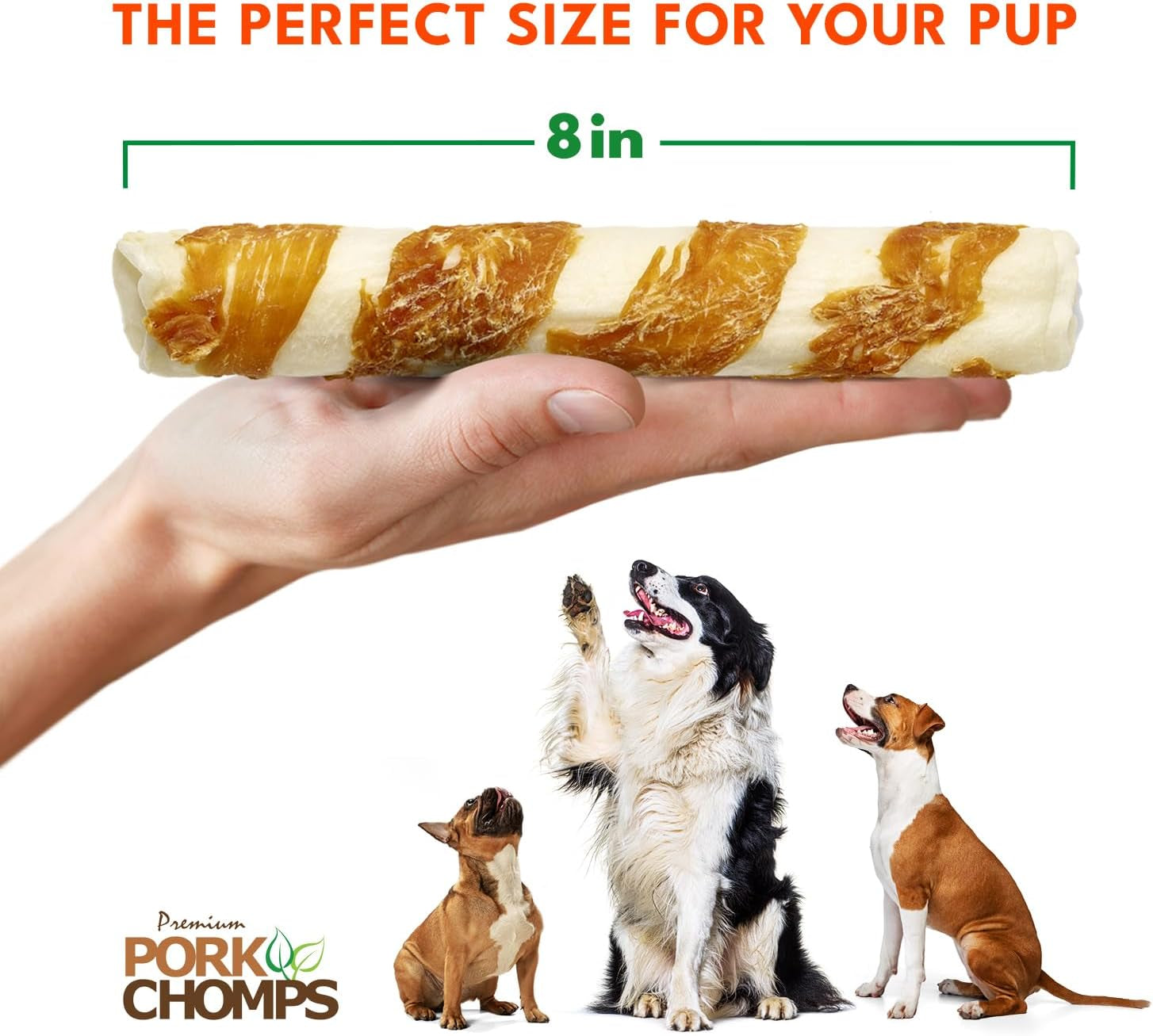 Baked Pork Skin Dog Chews, 8-Inch Rolls, Real Chicken Wrap, 2 Count