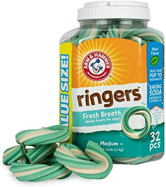 for Pets Ringers Fresh Breath Dental Treats for Dogs,Value Pack,32 Pcs Dog Dental Chews Fight Bad Dog Breath,Plaque & Tartar without Brushing with Baking Soda(Pack of 1,32 Count)