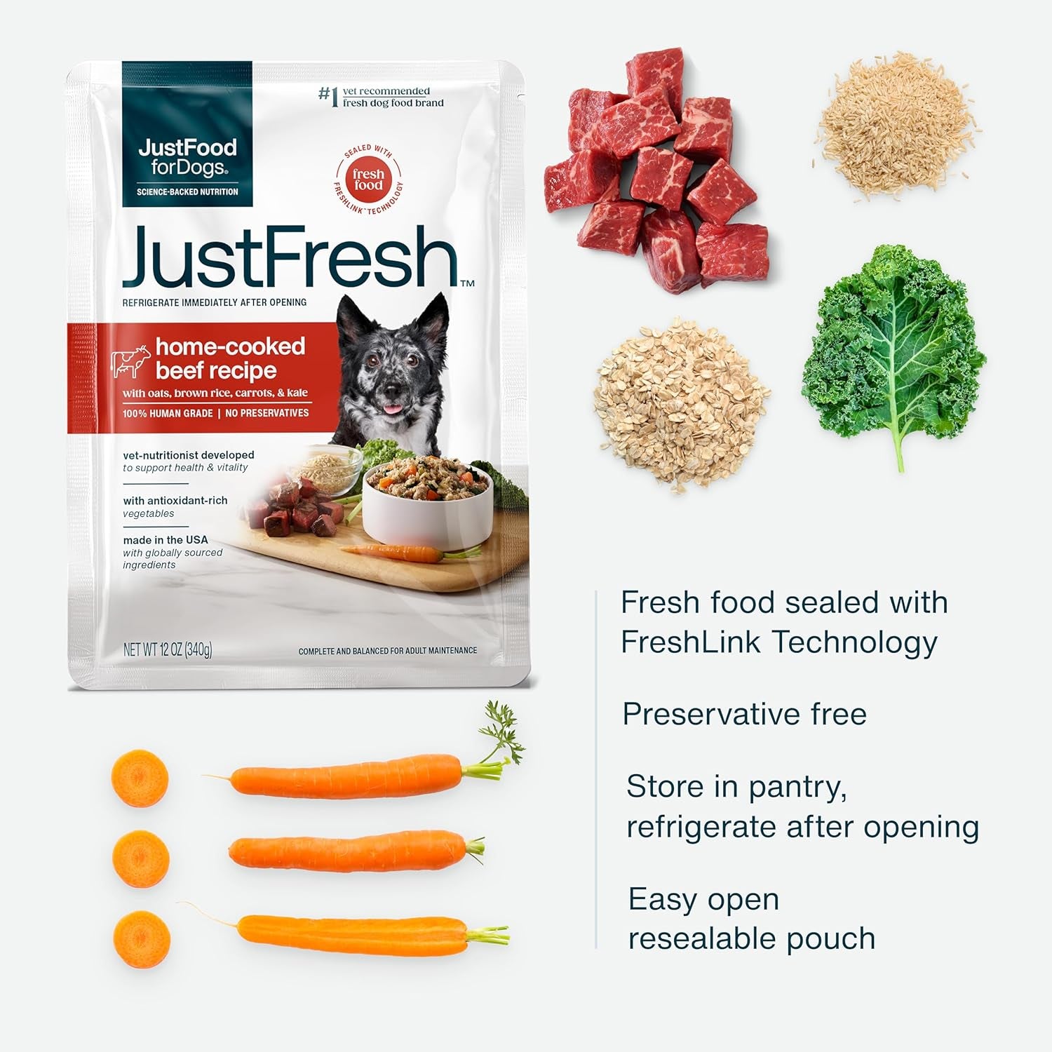 Justfresh Wet Dog Food, Fresh Pet Meals and Toppers with No Preservatives, Resealable Package, Human Grade, Home-Cooked Beef, 12 Oz - 7 Pack