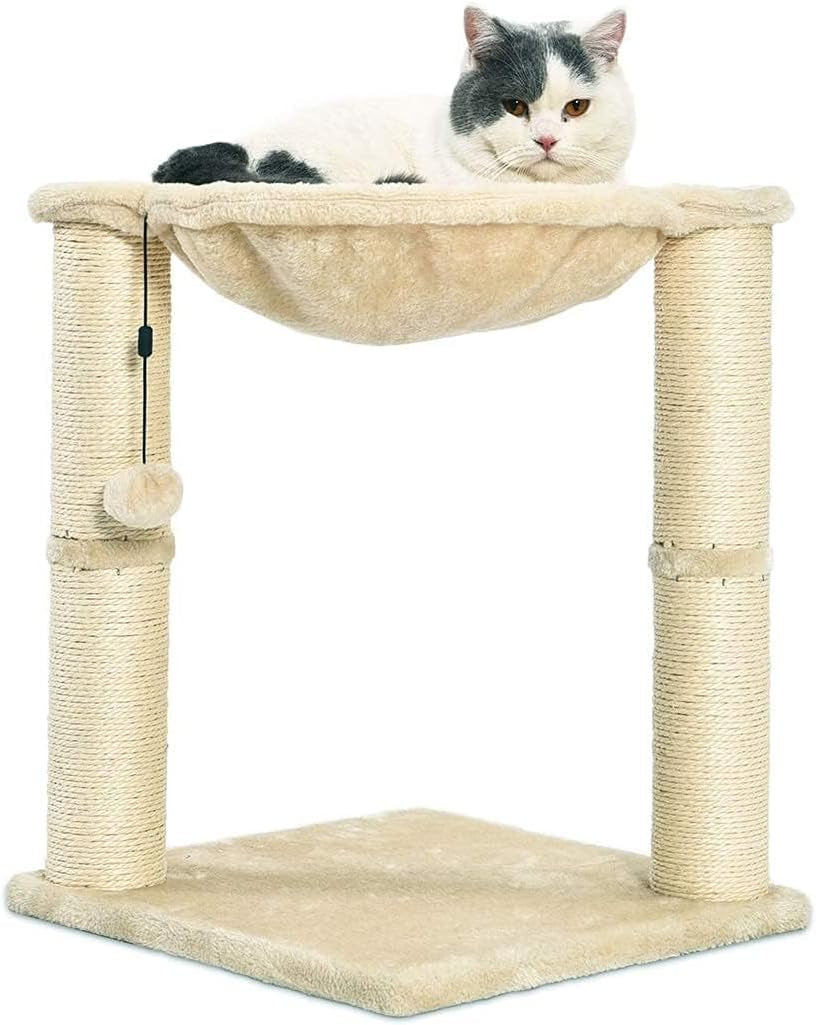 Cat Condo Tower with Hammock Bed and Scratching Post,Easy to Assemble,Plush Hammock,Interactive Hanging Ball,Durable Sisal Scratch Posts for Indoor Cats, 15.8 X 15.8 X 19.7 Inches, Beige