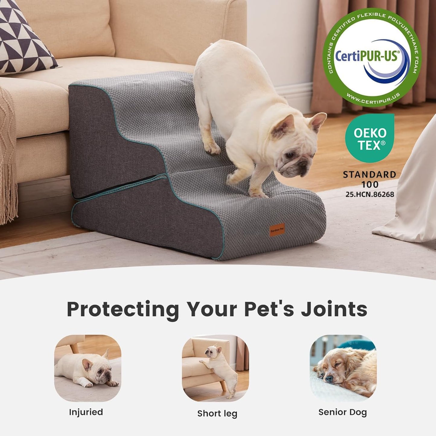 Dog Stairs for Small Dogs 16.5" H, 2 in 1 Transformable 3-Step Pet Stairs and Ramp, Dog Steps for Couch (13-20 In) with Durable Non-Slip Waterproof Cover and Certipur-Us Certified Foam