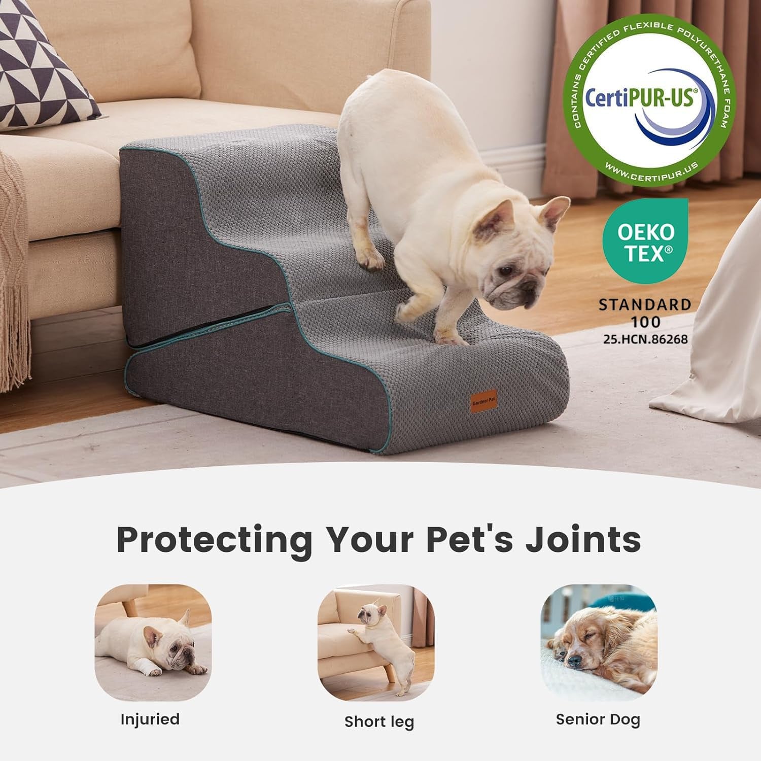 Dog Stairs for Small Dogs 16.5" H, 2 in 1 Transformable 3-Step Pet Stairs and Ramp, Dog Steps for Couch (13-20 In) with Durable Non-Slip Waterproof Cover and Certipur-Us Certified Foam