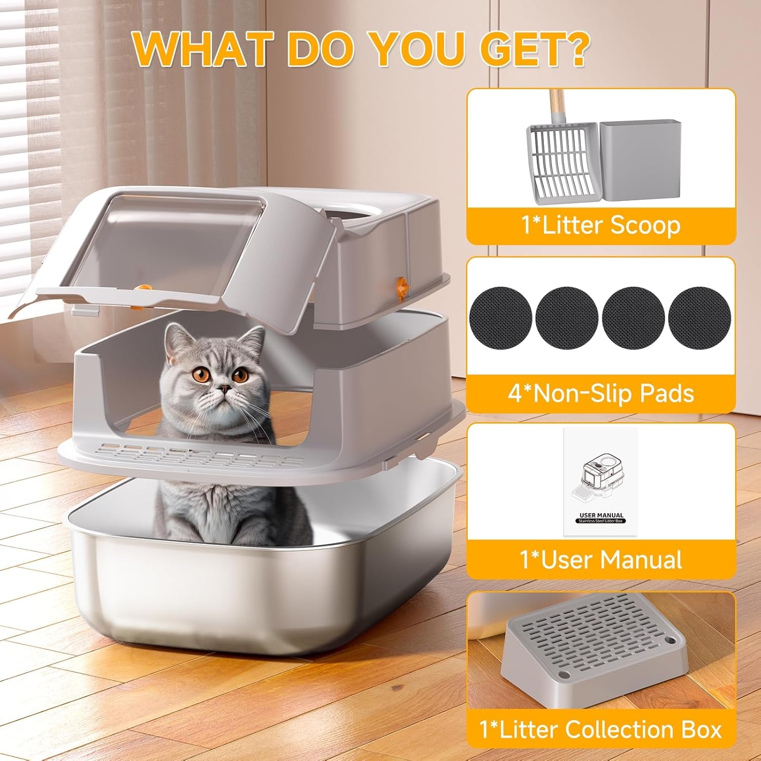 Stainless Steel Cat Litter Box with Lid, XL Extra Large Metal Litter Box for Big Cats, 180° Flip Cover Enclosed Top Entry Litter Boxs with High Sided Enclosure & Scoop, Non-Sticky, Anti-Leakage