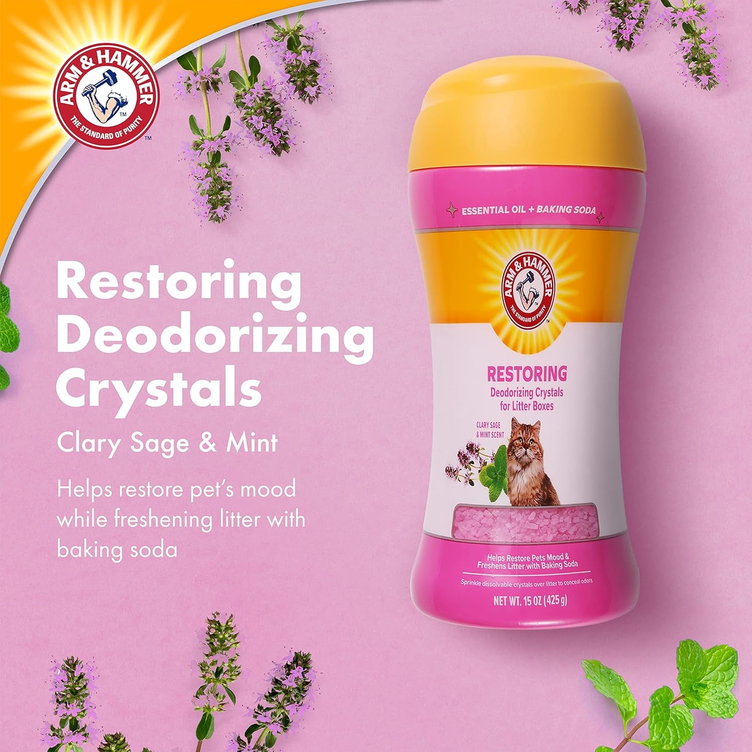 Restoring Cat Litter Box Deodorizing Crystals, Clary Sage & Mint Scent - Cat Smell Eliminator for Home, Odor Control, Cat Litter Crystals, Cat Essentials, 15 Ounce