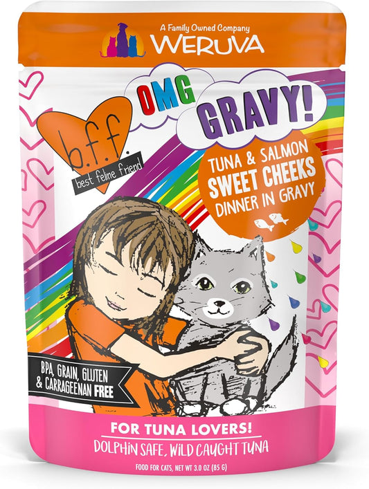 B.F.F. OMG - Best Feline Friend Oh My Gravy!, Tuna & Salmon Sweet Cheeks with Tuna & Salmon in Gravy Cat Food, 3Oz Pouch (Pack of 12)