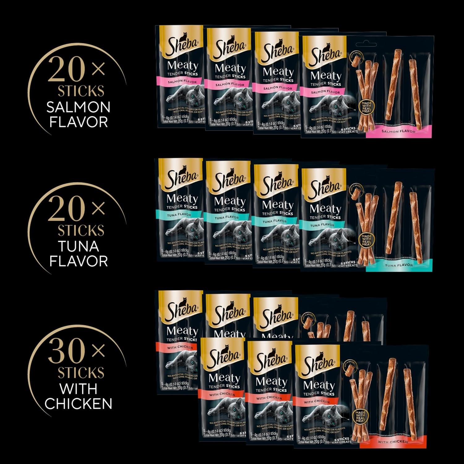 Meaty Tender Sticks Soft Cat Treats Chicken, Tuna, and Salmon Flavor, 0.14 Oz., 70 Sticks