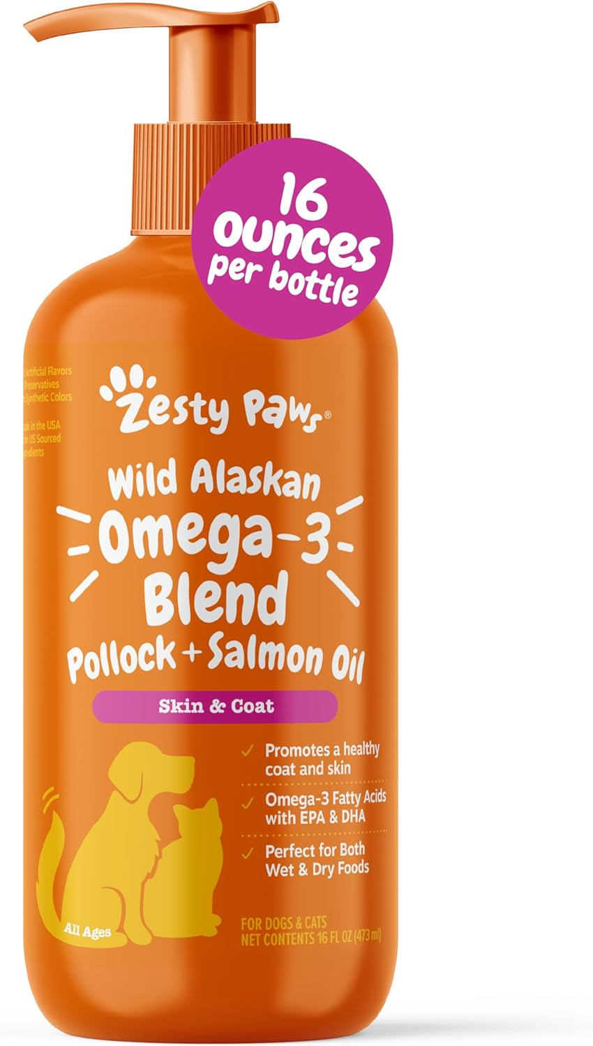 Wild Alaskan Omega-3 Blend Pollock + Salmon Oil for Dogs and Cats- Skin and Coat Support, Omega 3 Supplement for Pets, 16Oz