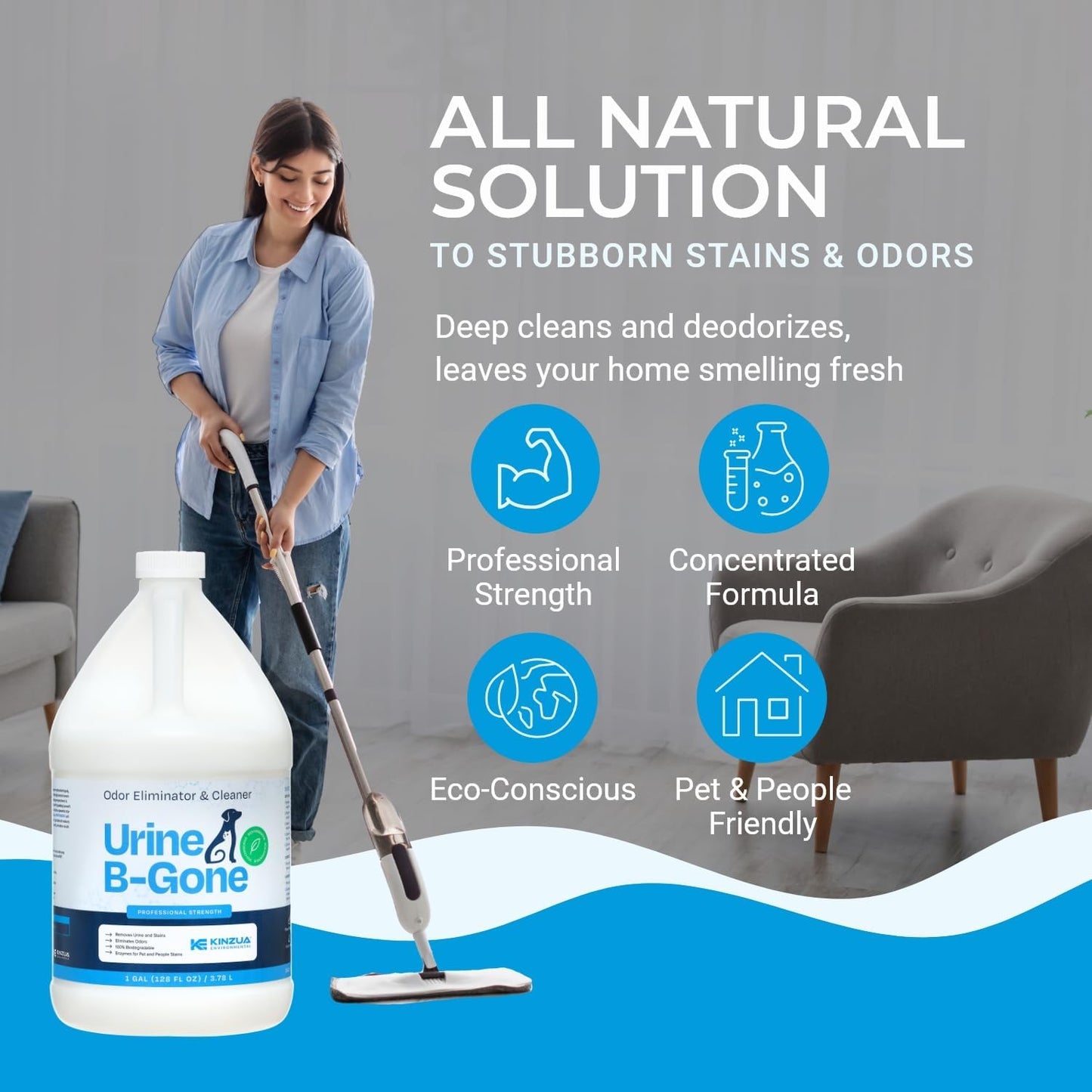 Urine B-Gone, Professional Enzyme Odor Eliminator & Pet Stain Remover, Human, Cat & Dog Urine Cleaner, Effective on Laundry, Carpets & More, Original Scent, 1 Gallon