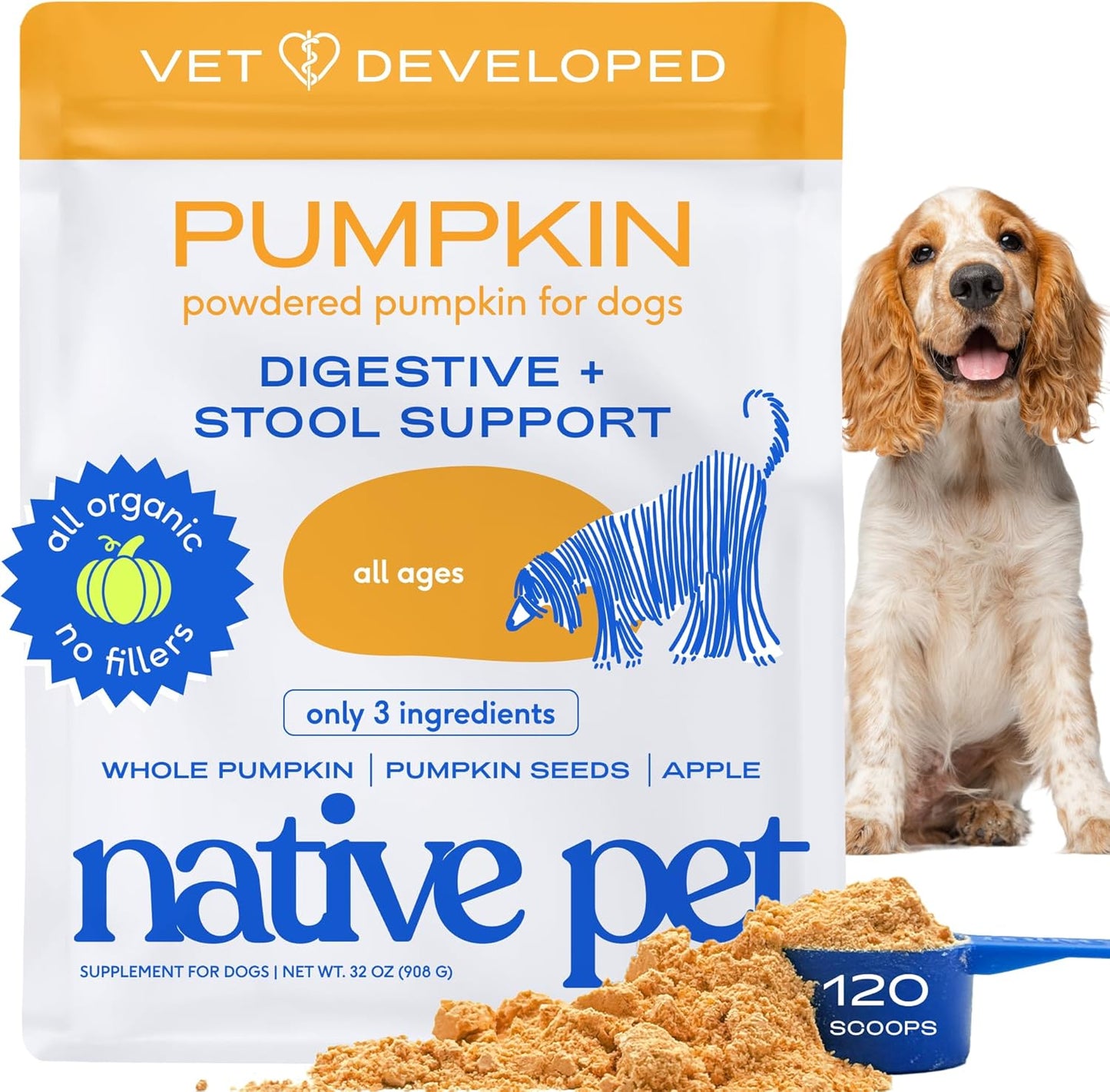 Pumpkin for Dogs - Organic Powder Pumpkin Puree Dog Food Toppers-Rich in Fiber Supplement Powder Helps with Digestion, Nutrient Absorption, Diarrhea, Constipation & Upset Stomach-120 Scoops