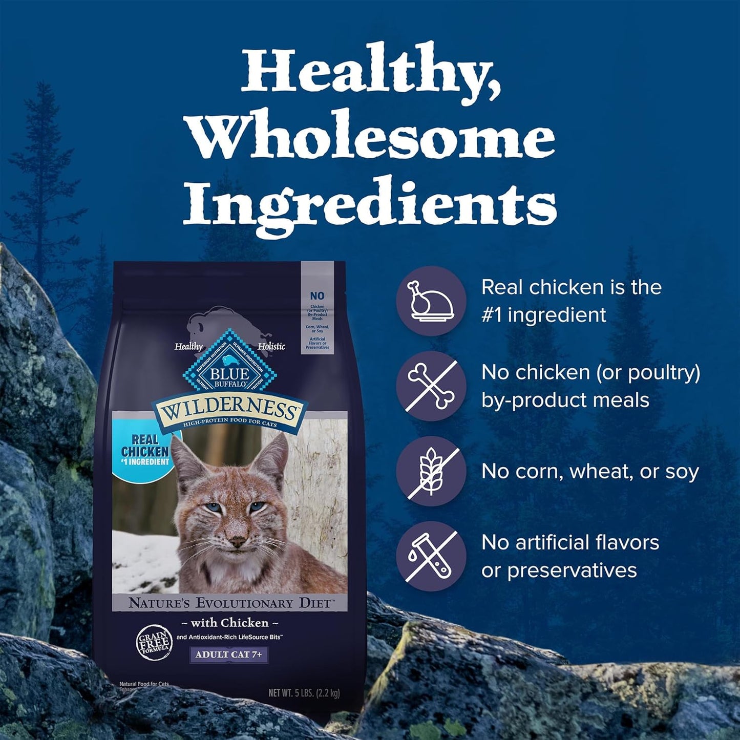 Wilderness Natural Mature Dry Cat Food for Cats 7+ Years, High-Protein and Grain-Free Diet, Supports Immune System Health and Energy to Stay Active, Chicken, 5-Lb. Bag