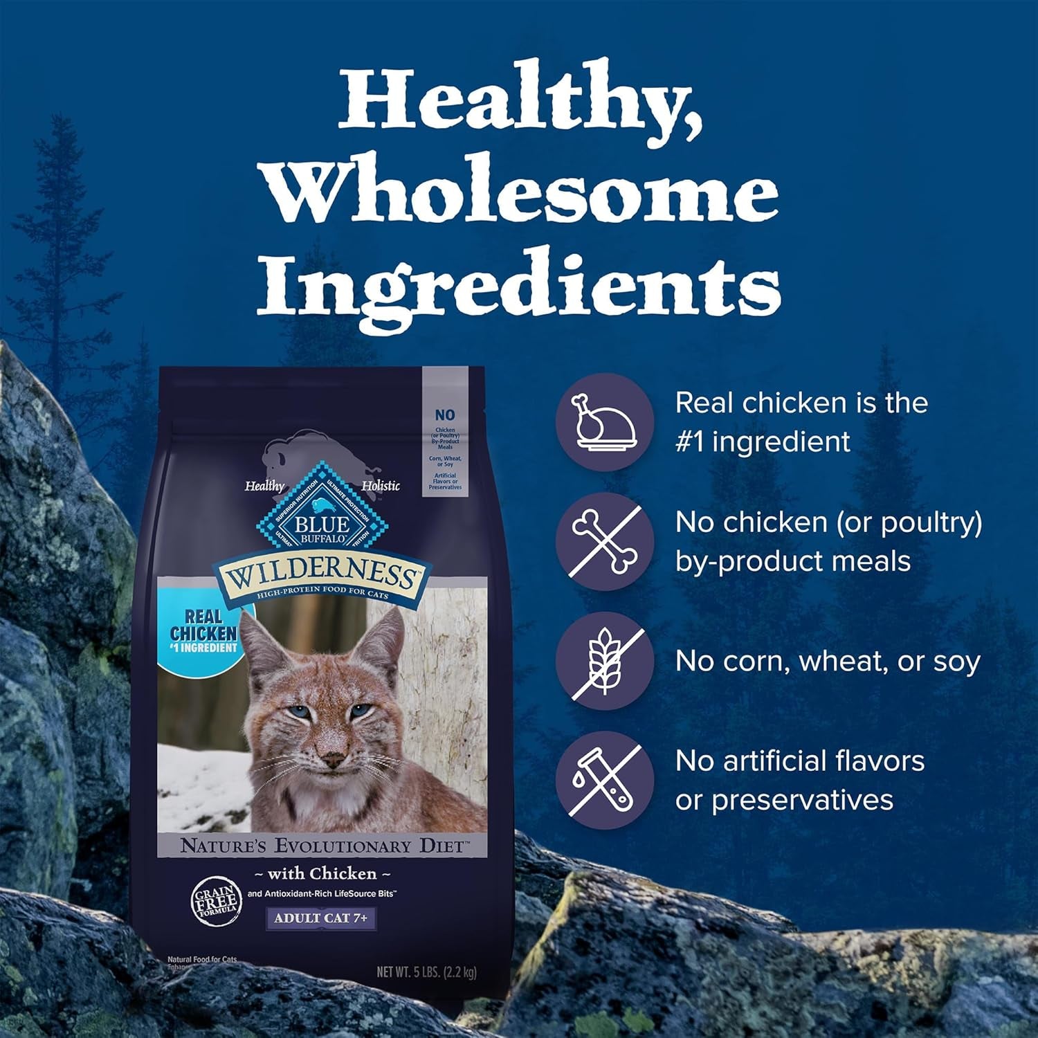Wilderness Natural Mature Dry Cat Food for Cats 7+ Years, High-Protein and Grain-Free Diet, Supports Immune System Health and Energy to Stay Active, Chicken, 5-Lb. Bag