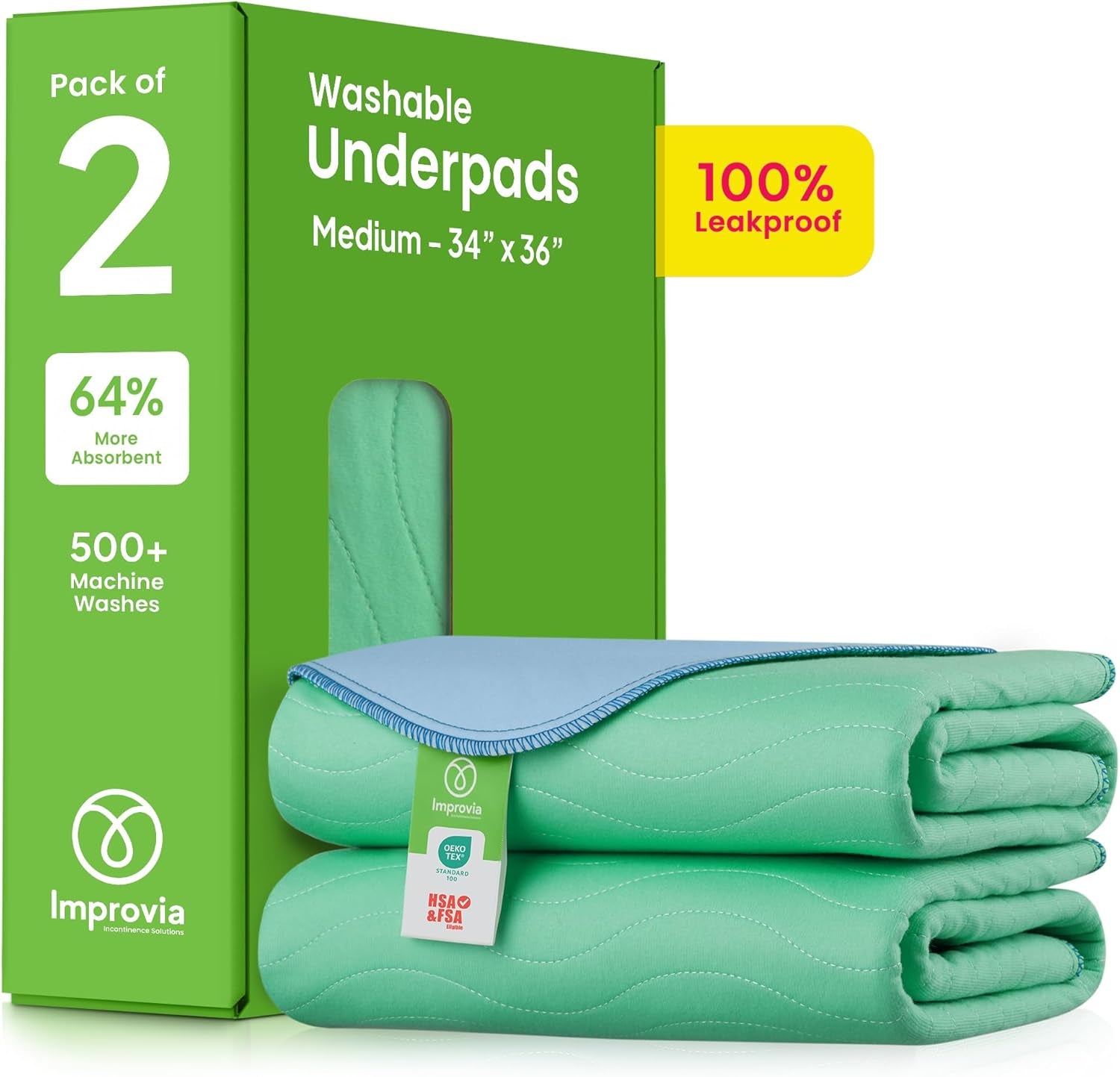 ® Washable Underpads, 34" X 36" (Pack of 2) - Heavy Absorbency Reusable Bedwetting Incontinence Pads for Kids, Adults, Elderly, and Pets - Waterproof Protective Pad for Bed, Couch, Sofa, Floor