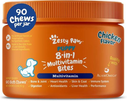 Dog Multivitamin, Chewable Dog Vitamins and Supplements for Hip & Joints, Skin & Coat, Omega 3 Fish Oil for Dogs- Puppy Multivitamin - Chicken Puppy Bites- 90Ct