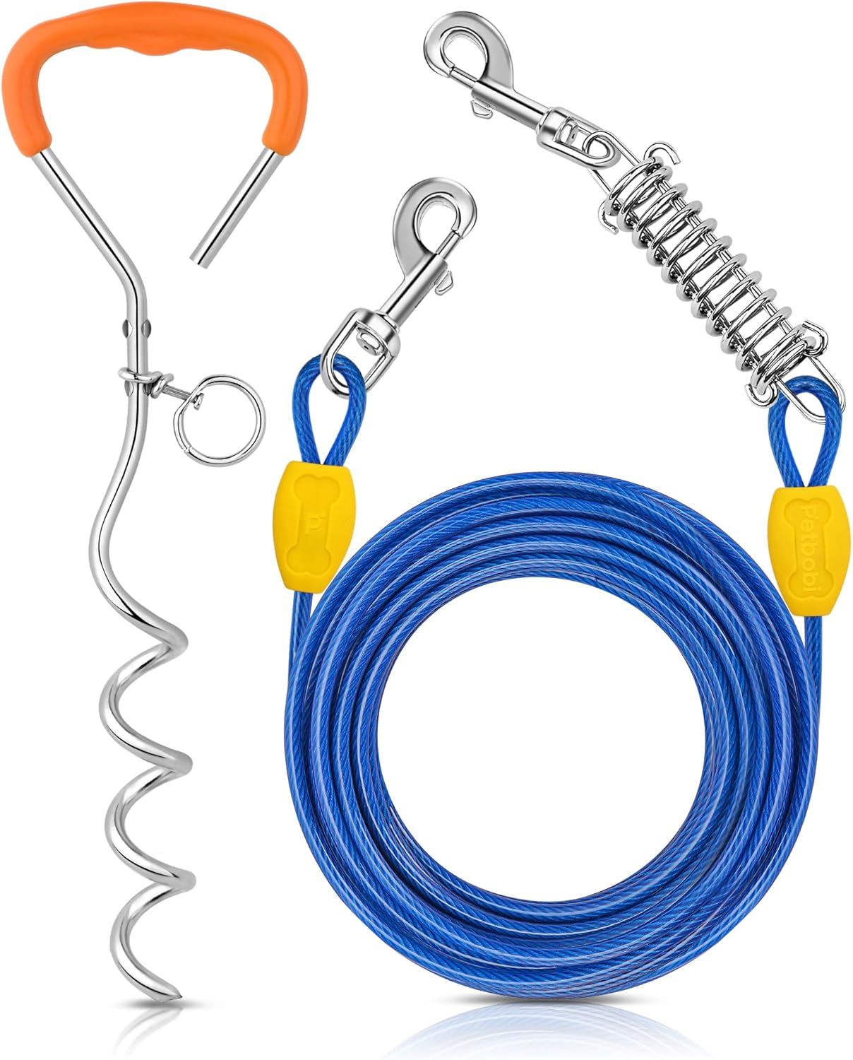 Dog Tie-Out Cable and Stake - 30Ft Heavy Duty Cable with Spring, No Tangle, 16In Ground Stake, Ideal for Yard, Camping and Beach, Suitable for Small Medium Large Dogs up to 120 Lbs, Blue