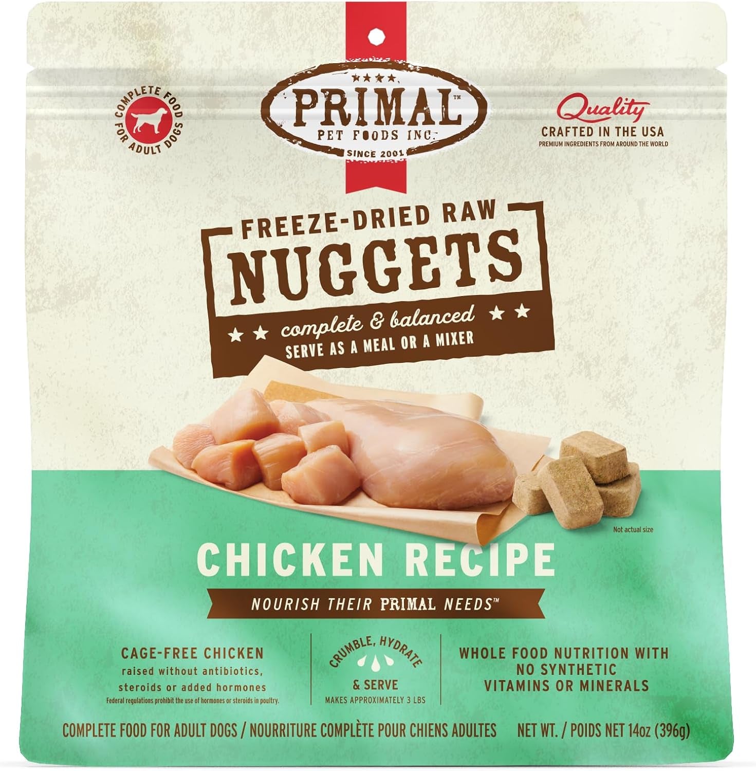 Primal Freeze Dried Dog Food Nuggets, Chicken; Complete Balanced Meal, Topper or Treat; Premium, Healthy, Grain Free, High Protein Raw Dog Food, 14 Oz