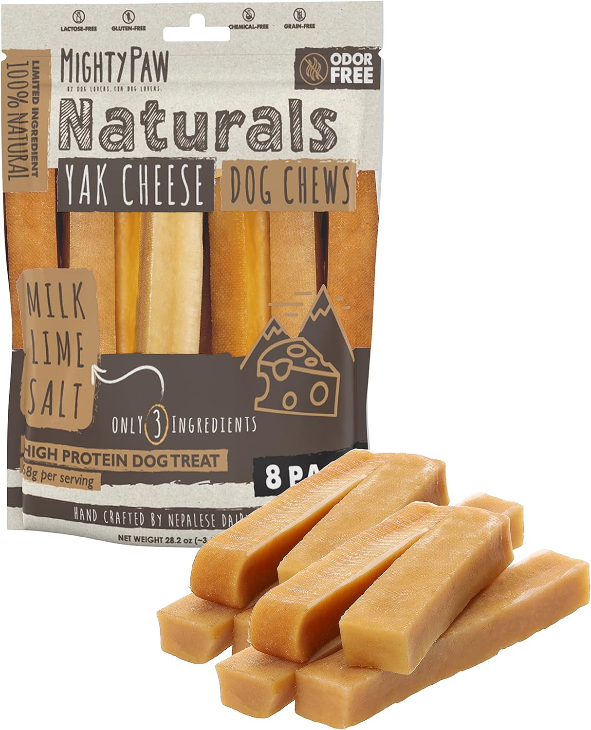 Yak Cheese Chews for Dogs | All-Natural Long Lasting Pet Treats. Odorless and Great for Oral Health. Limited-Ingredient Chews for Puppies & Power-Chewers (Large, 8 Pack)