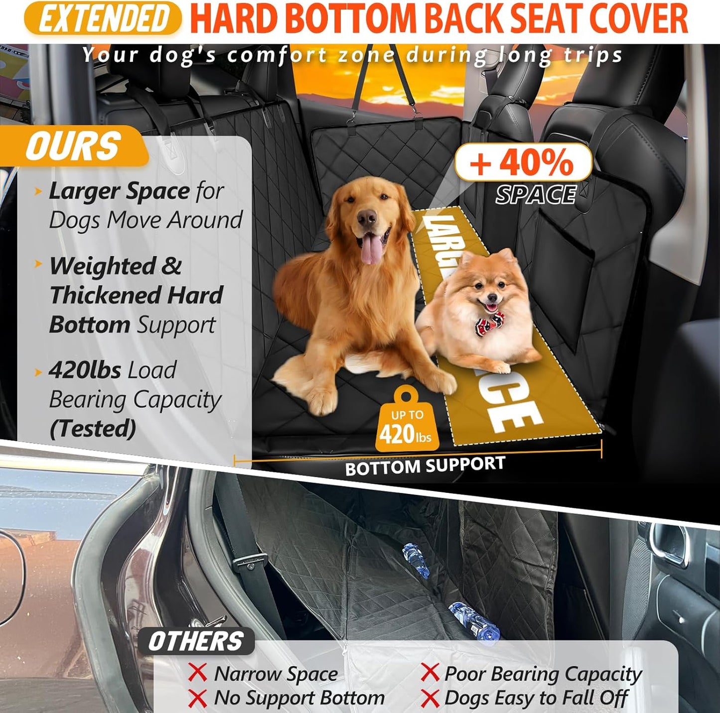 Back Seat Extender for Dogs-Large Space, Dog Car Seat Cover Hard Bottom Holds 420Lbs, Sturdy Backseat Extender for Dogs,Upgraded Material Waterproof Pet Car Bed Dog Hammock for Car, Suv,Truck