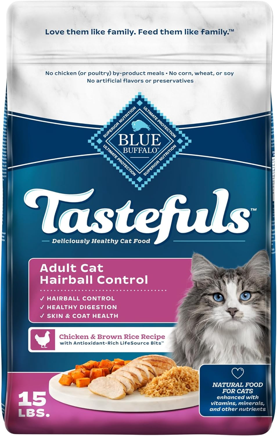 Tastefuls Natural Dry Food for Adult Cats, Hairball Control, Chicken & Brown Rice Recipe, 15-Lb. Bag