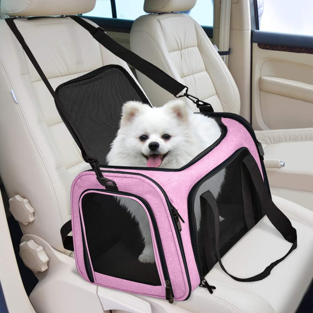 Pet Carrier for Small Medium Cats Dogs Puppies up to 15 Lbs, TSA Airline Approved, Soft Sided, Collapsible Travel - Pink