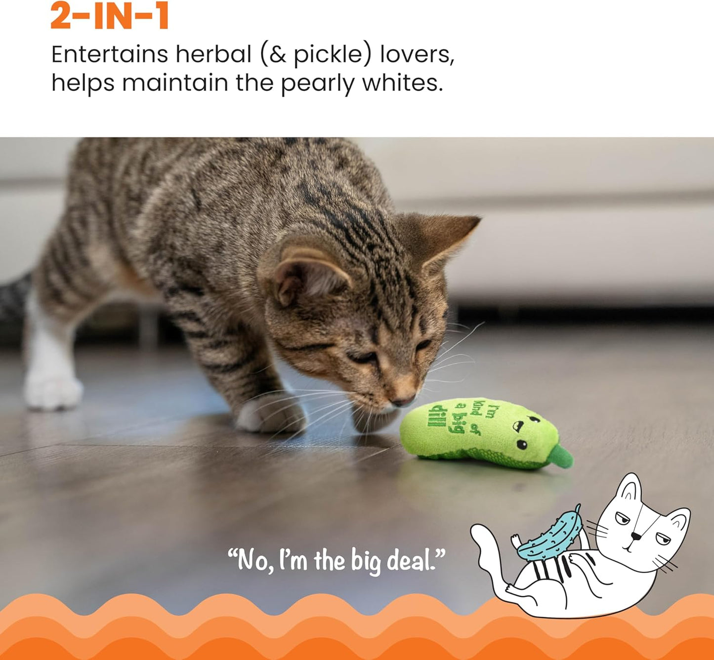 Crunchy Pickle Kicker Toy with Catnip and Dental Mesh, Pickle Shape, Plush and Crinkle Cat Toy for Kicking, Tossing, and Teeth Cleaning, Green
