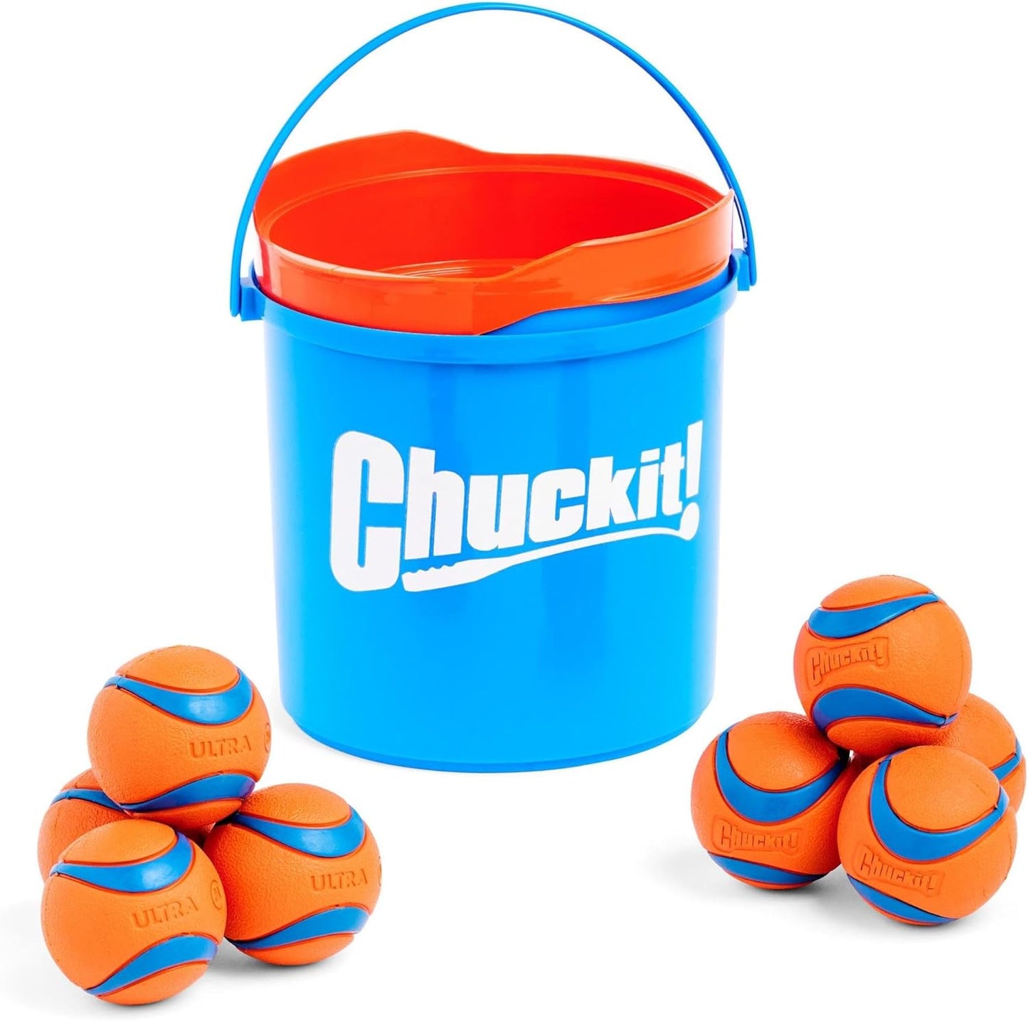 Ultra Ball Dog Toy with  Cleaning Bucket Bundle, Bouncy Fetch Pet Toys for Dogs 20-60 Lbs, Interactive Dog Toys, Durable Rubber, Size Medium, 2.5-Inch Diameter, 8-Pack of Balls