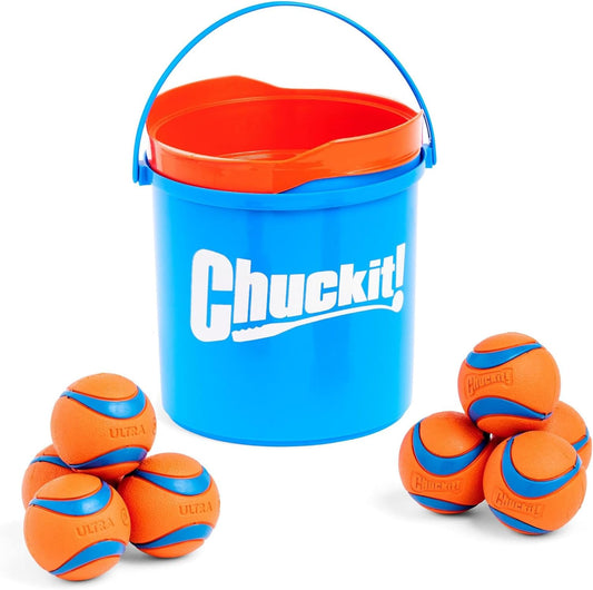 Ultra Ball Dog Toy with  Cleaning Bucket Bundle, Bouncy Fetch Pet Toys for Dogs 20-60 Lbs, Interactive Dog Toys, Durable Rubber, Size Medium, 2.5-Inch Diameter, 8-Pack of Balls