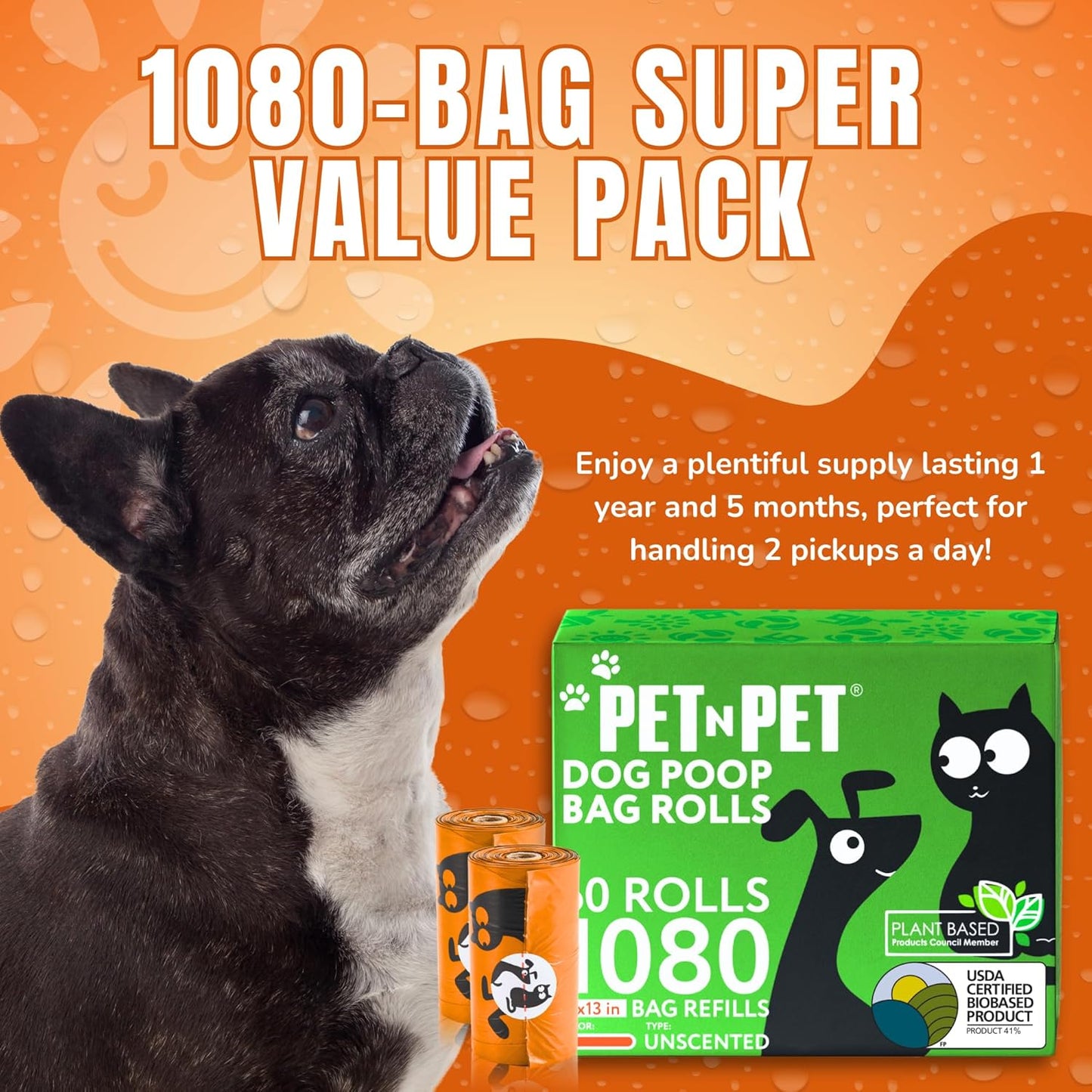 1080 Counts Orange Poop Bags for Dogs, 41% Plant Based & 59% PE Extra Thick Dog Poop Bags Rolls, 9" X 13", Unscented Pet Waste Bag