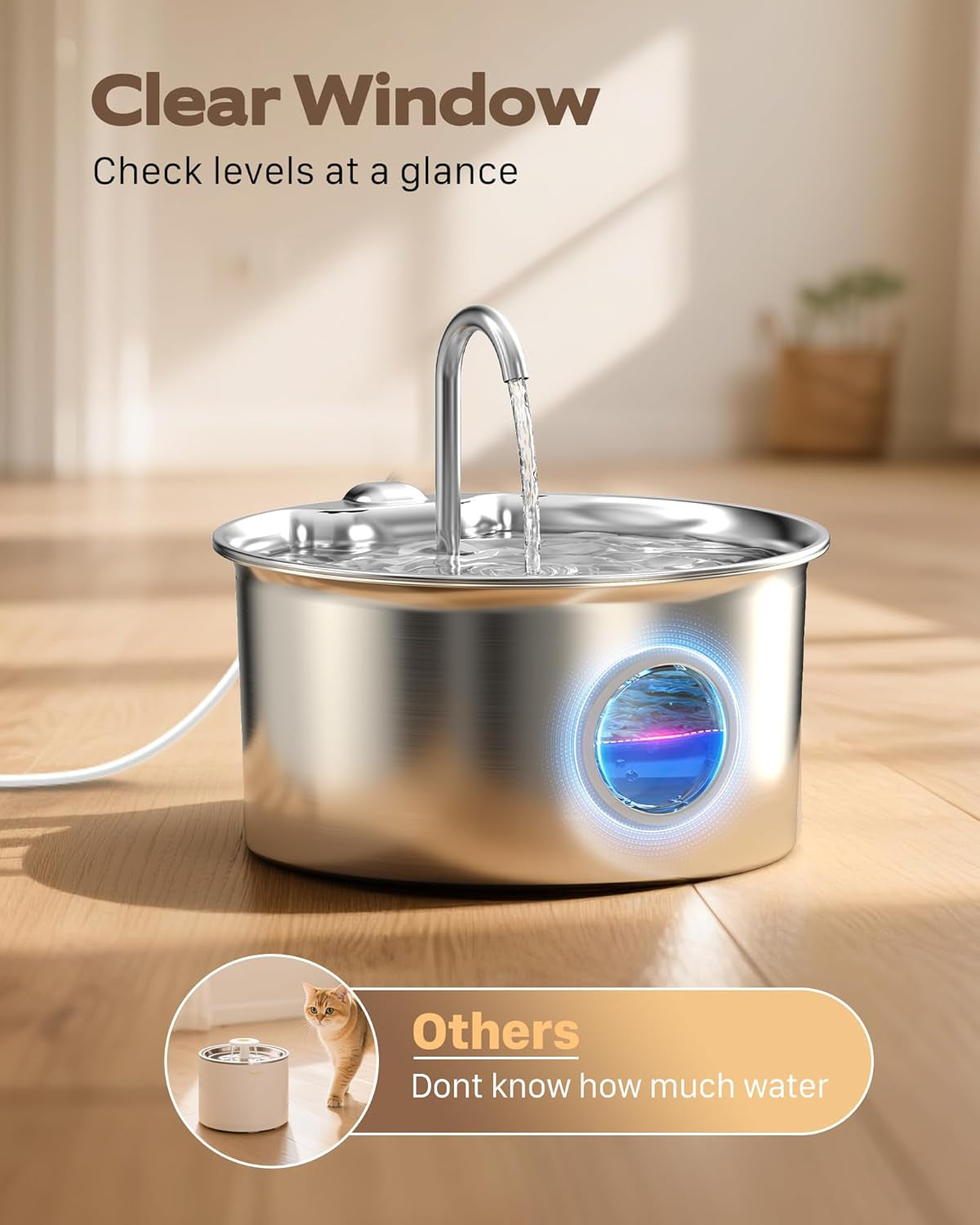 Pet Water Fountain Stainless Steel: Mental Cat Water Fountains for Cats Indoor - 88Oz/2.6L Noiseless Cats Waterer Bowl Dispenser -  Kitten Drinking Fountains with 8 Filters + 8 Sponges