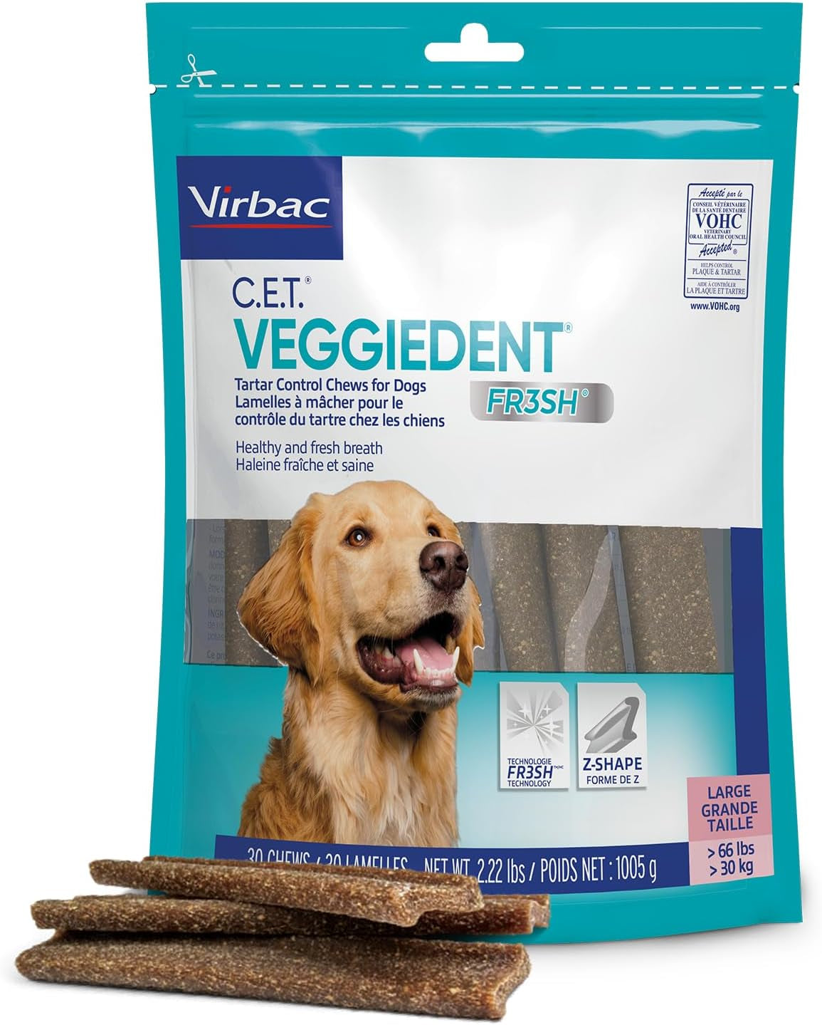 CET Veggiedent FR3SH Tartar Control Chews for Large Dogs over 66 Pounds, Plant-Based Formula, 30 Count Bag