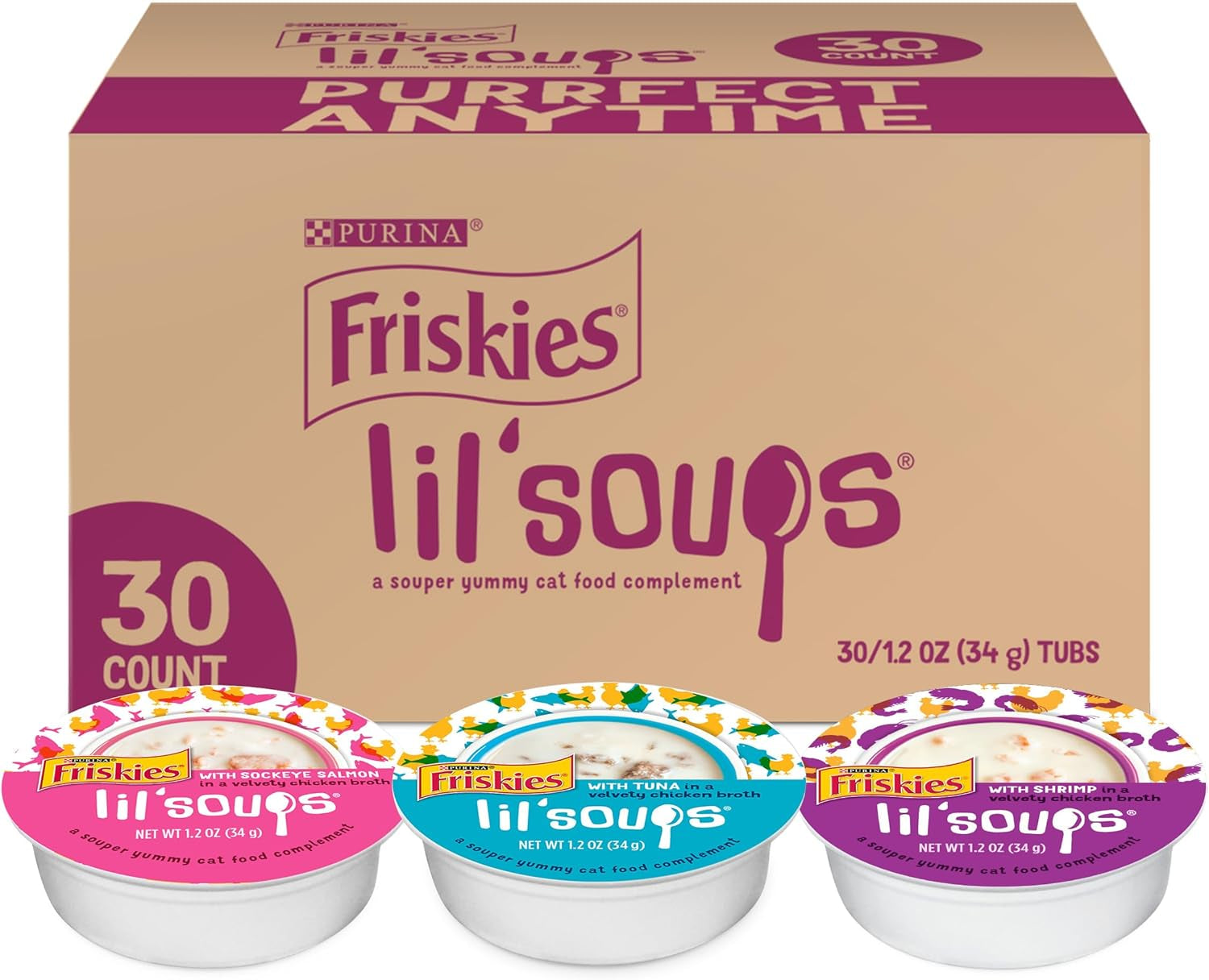 Purina  Grain Free Wet Cat Food Lickable Cat Treats Variety Pack, Lil' Soups with Salmon, Tuna or Shrimp - (Pack of 30) 1.2 Oz. Cups