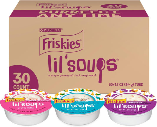 Purina  Grain Free Wet Cat Food Lickable Cat Treats Variety Pack, Lil' Soups with Salmon, Tuna or Shrimp - (Pack of 30) 1.2 Oz. Cups
