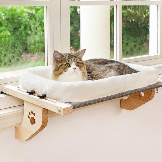 Cat Sill Window Perch Sturdy Hammock Window Seat with Cushion Cover, Wood & Metal Frame for Large Cats, Easy to Adjust Cat Bed for Windowsill, Bedside, Drawer and Cabinet (XL)