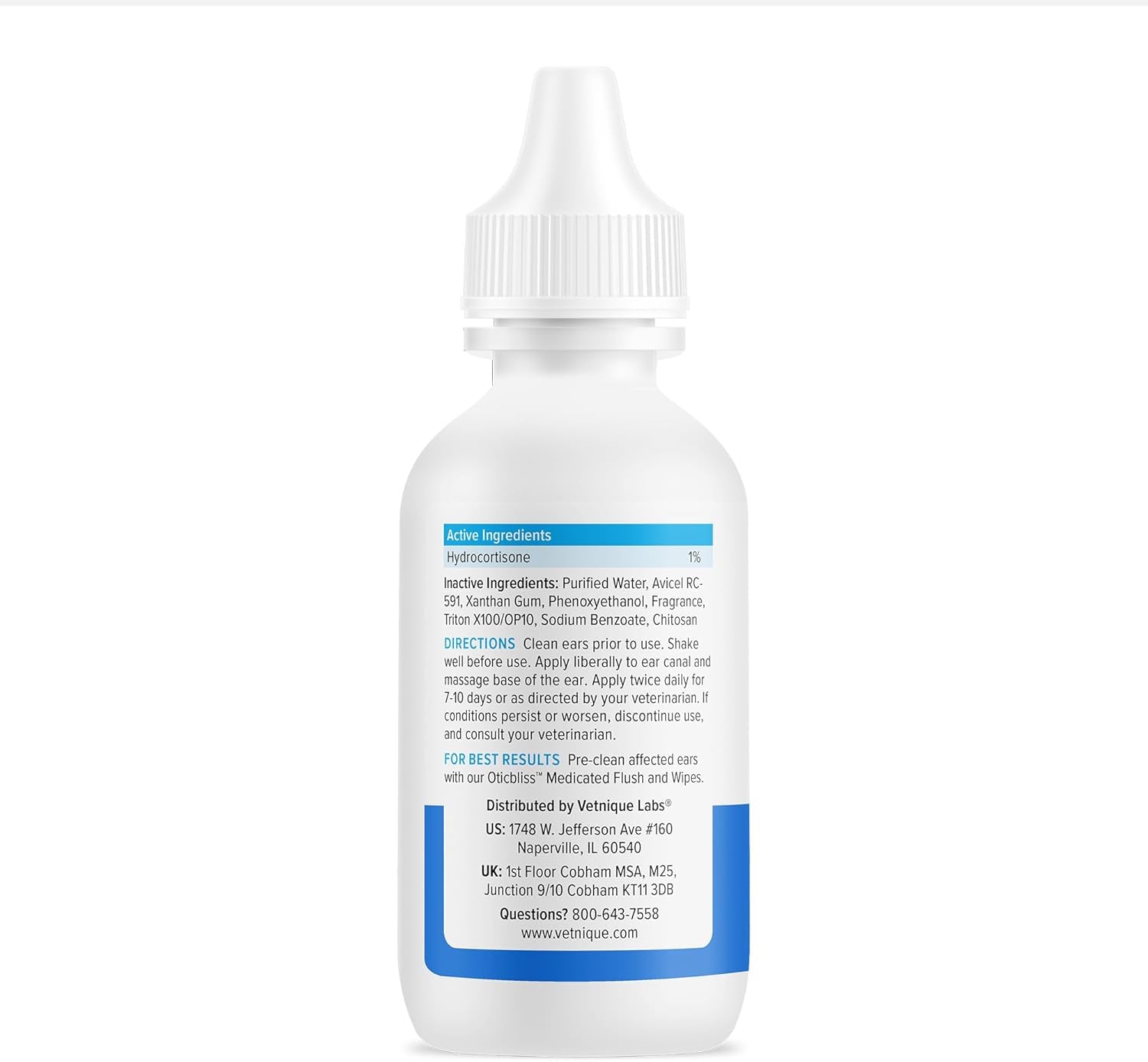 Oticbliss Medicated Cat & Dog Ear Cleaner Drops - Dog Ear Infection Treatment with 1% Hydrocortisone to Soothe Itching, Redness, & Swelling - Vet Recommended