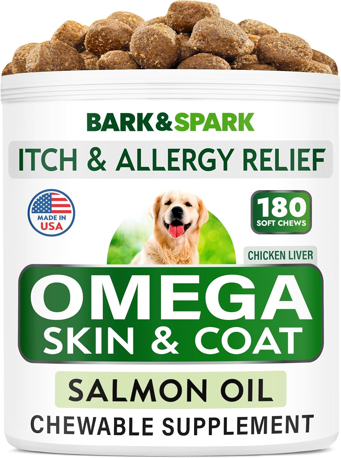 Omega 3 for Dogs - 180 Fish Oil Treats for Dog Shedding, Skin Allergy Chews, Itch Relief, Hot Spots Treatment - Joint Health - Skin and Coat Supplement - EPA & DHA Fatty Acids - Salmon Oil