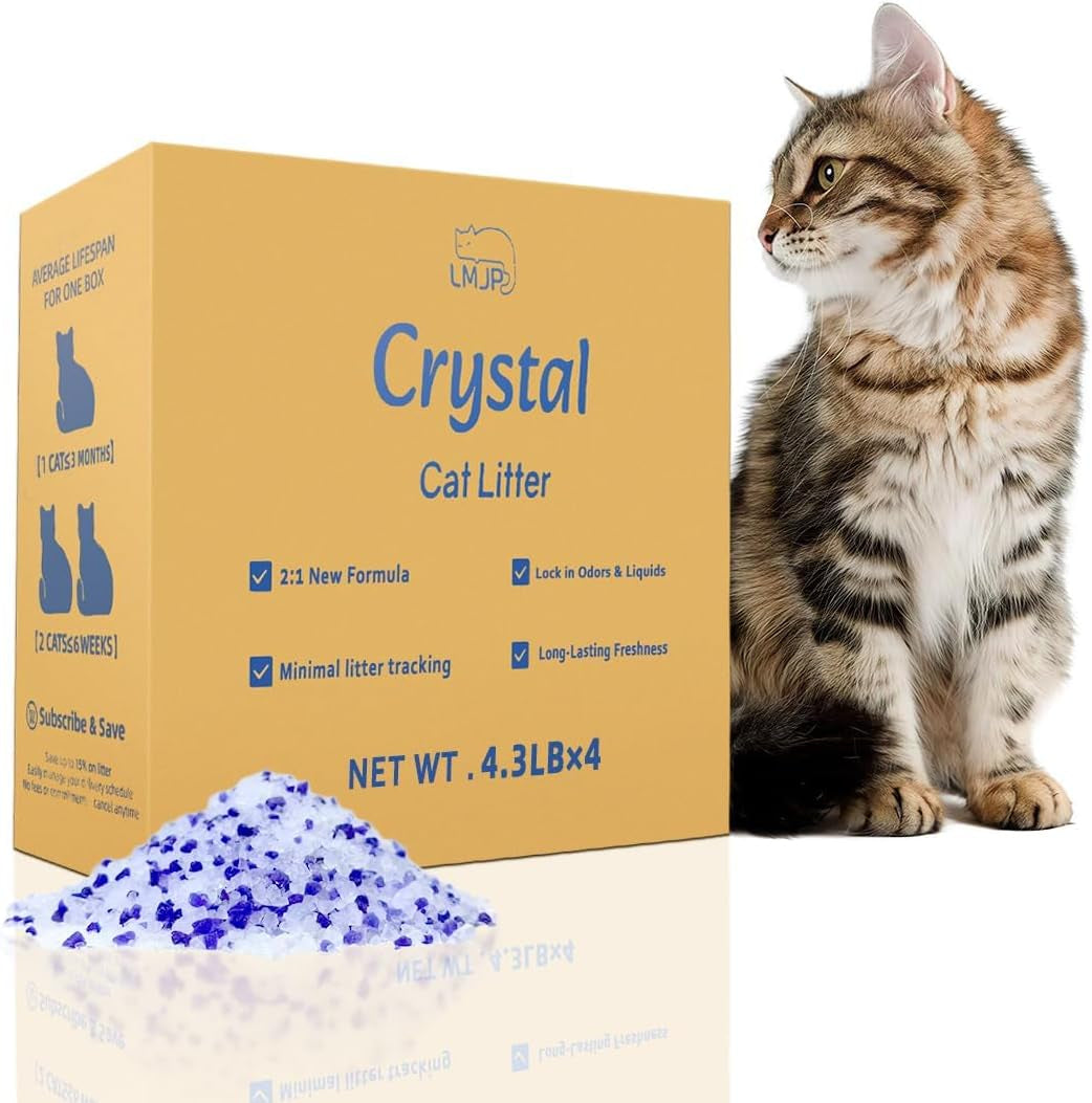 Crystal Cat Litter with Powerful Odor Control, Non-Clumping, Lasts up to 4 Months, 17.2Lb, Rapid Water Absorption, Unscented & Low Tracking Lightweight Blue & White Silica