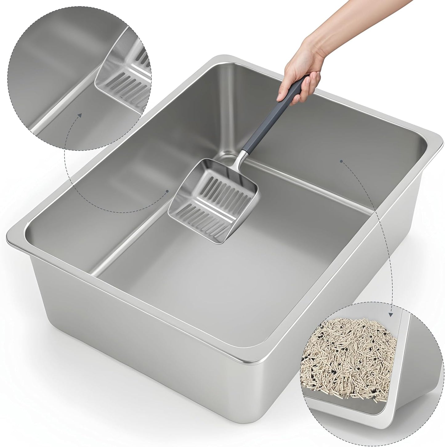 Stainless Steel Cat Litter Box - Metal High Sided Cat Pan, Large Stainless Steel Box, Indoor Litter Tray, Non Stick, No Smell, Easy to Clean, Pet Toilet Supplies for Kitten, Kitty, Rabbit