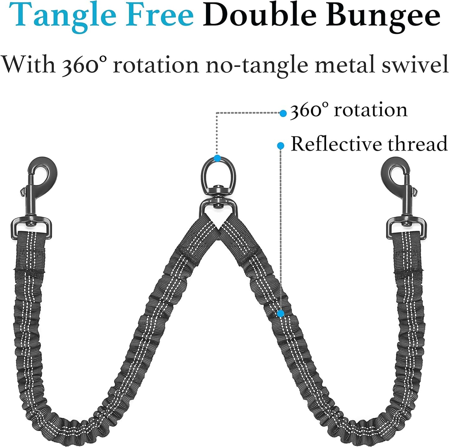 Dual Dog Leash - 360° Swivel, No Tangle Walking Leash with Shock Absorbing Bungee for Two Dogs (Medium, 8-35 Lbs, Black)