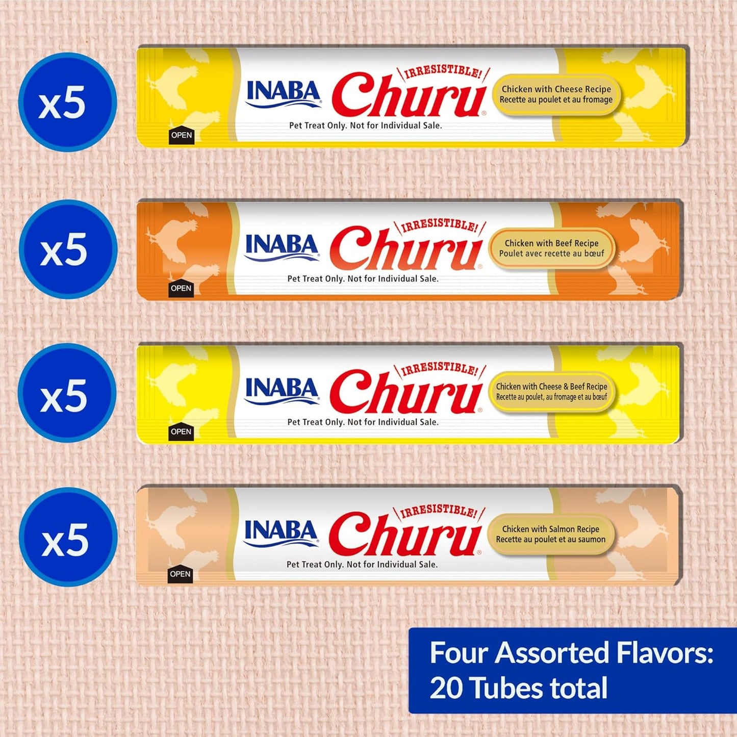 Churu Cat Treats, Grain-Free, Lickable, Squeezable Creamy Purée Cat Treat/Topper with Vitamin E & Taurine, 0.5 Ounces Each Tube, 20 Tubes, Chicken & Beef Variety Box